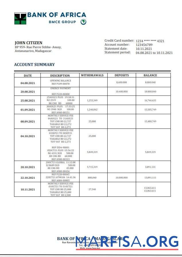 Printable Madagascar Bank of Africa bank statement word example